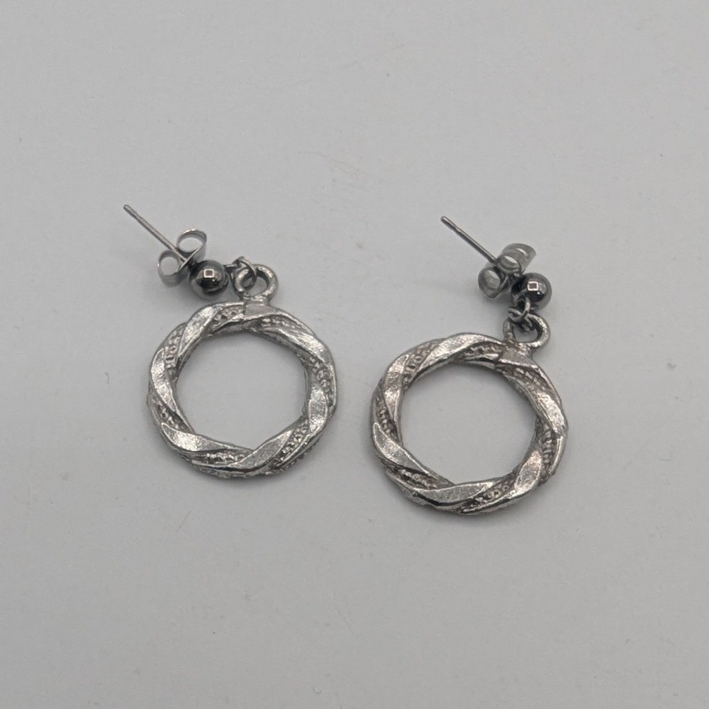 Silver Tone Twisted Hoop Drop Earrings Textured Braided Circle Dangle Studs